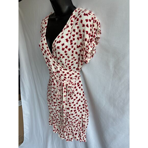Billabong Wrap and Roll Dress White Red Mini Floral Ruffle Hem Size M Romantic - Picture 5 of 12